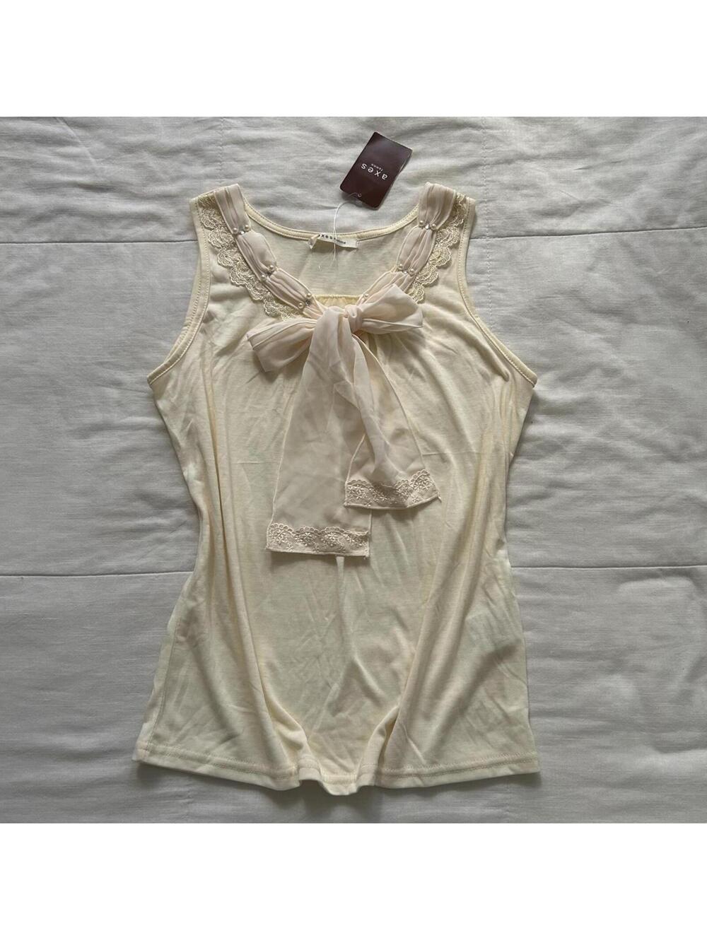 Axes Femme Ivory Bow Tank Top Lace Trim Pearl Detail Himekaji Coquette M NWT